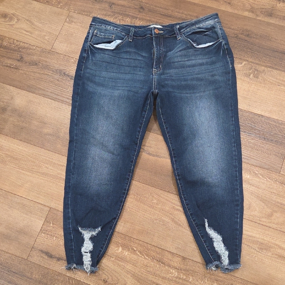 KanCan Dark Blue Ankle Jeans with Distressed Details